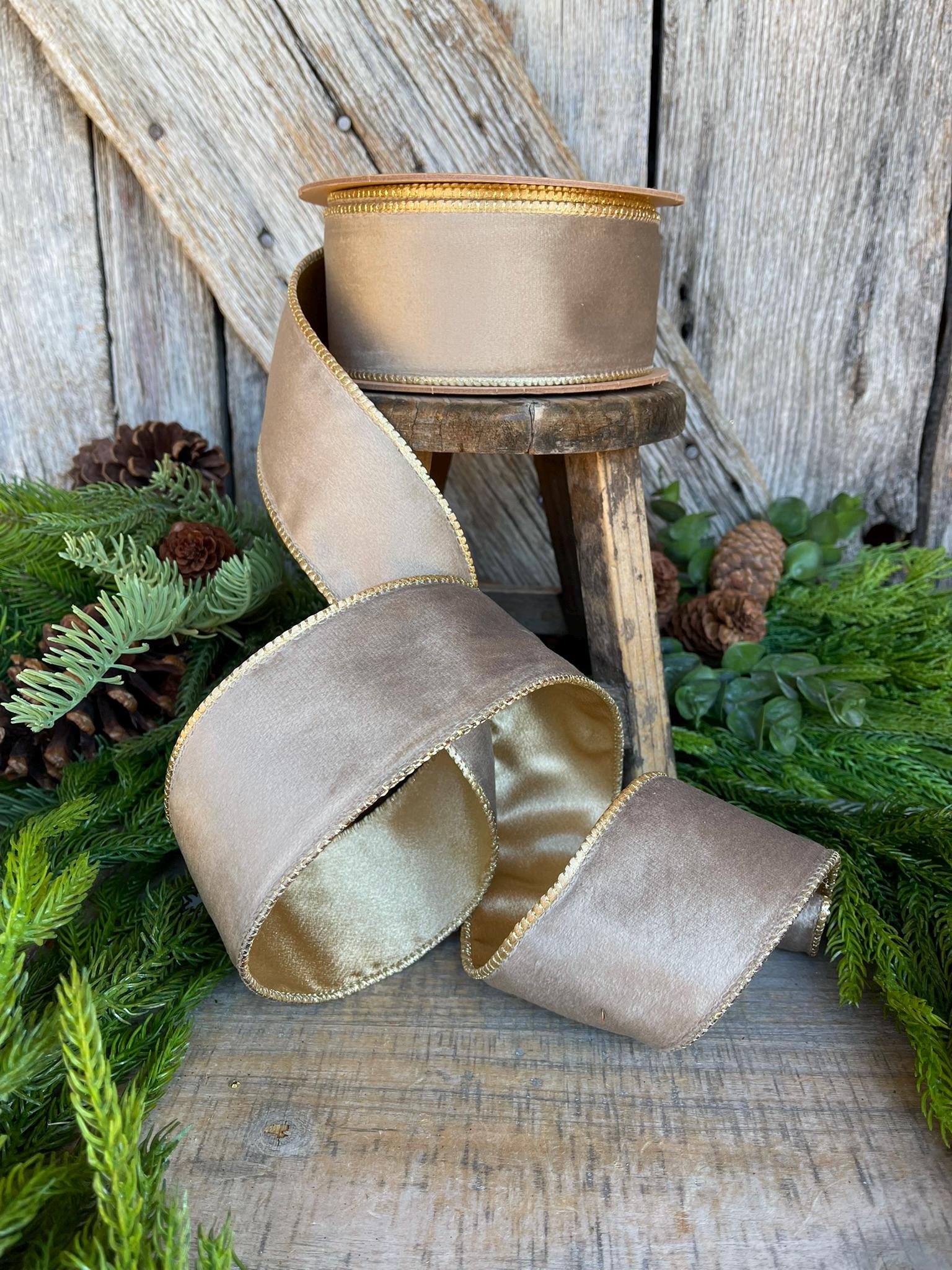 2.5" Mink Brown Velvet RIbbon, Wired Ribbon, Champagne Gold Velvet Ribbon