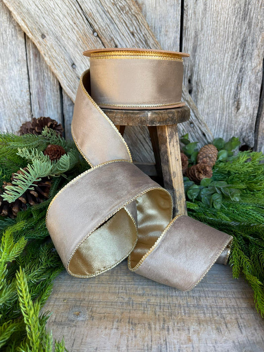 2.5" Mink Brown Velvet RIbbon, Wired Ribbon, Champagne Gold Velvet Ribbon