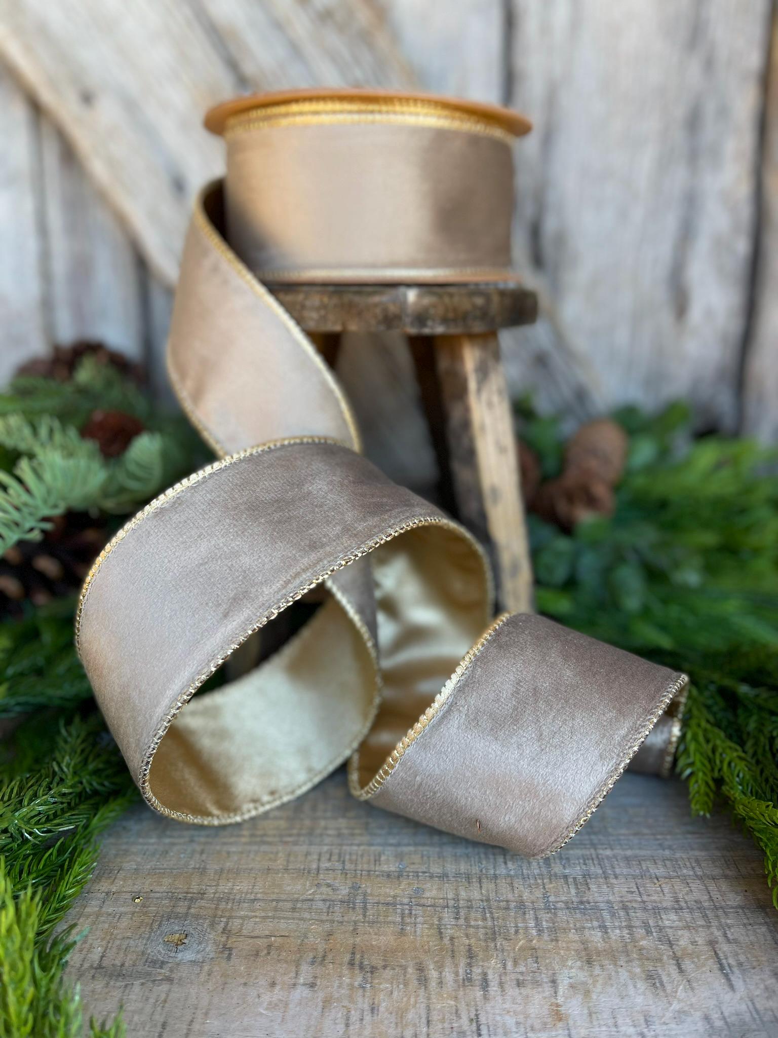 2.5" Mink Brown Velvet RIbbon, Wired Ribbon, Champagne Gold Velvet Ribbon