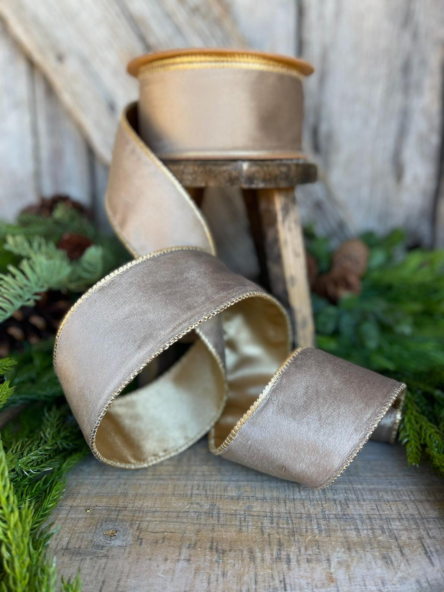 2.5" Mink Brown Velvet RIbbon, Wired Ribbon, Champagne Gold Velvet Ribbon
