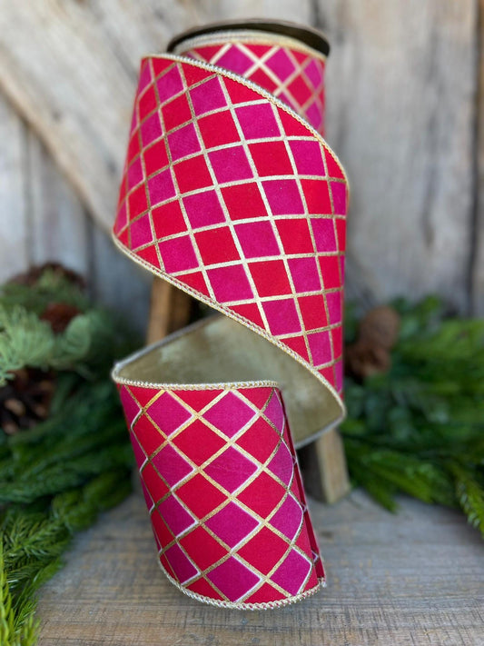 4" Red Pink Harlequin Ribbon, Diamond Ribbon, Red Hot Pink Ribbon