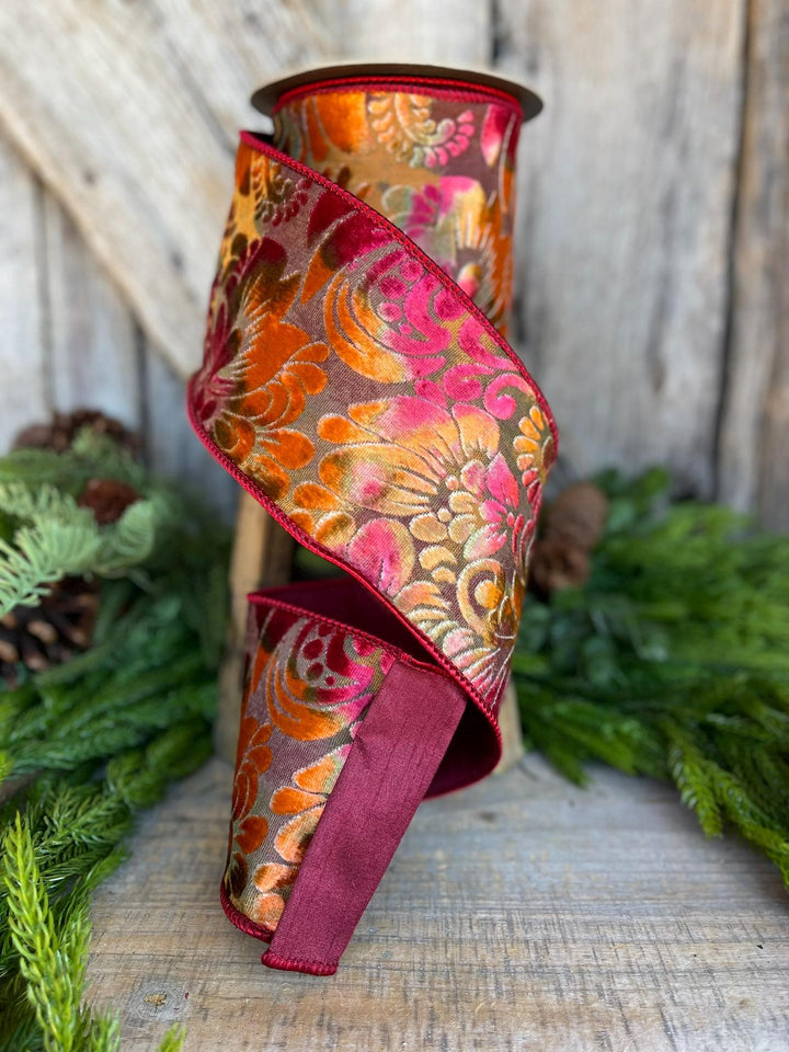 4" Velvet Floral Ribbon, Burgundy Ribbon, Rust Colored