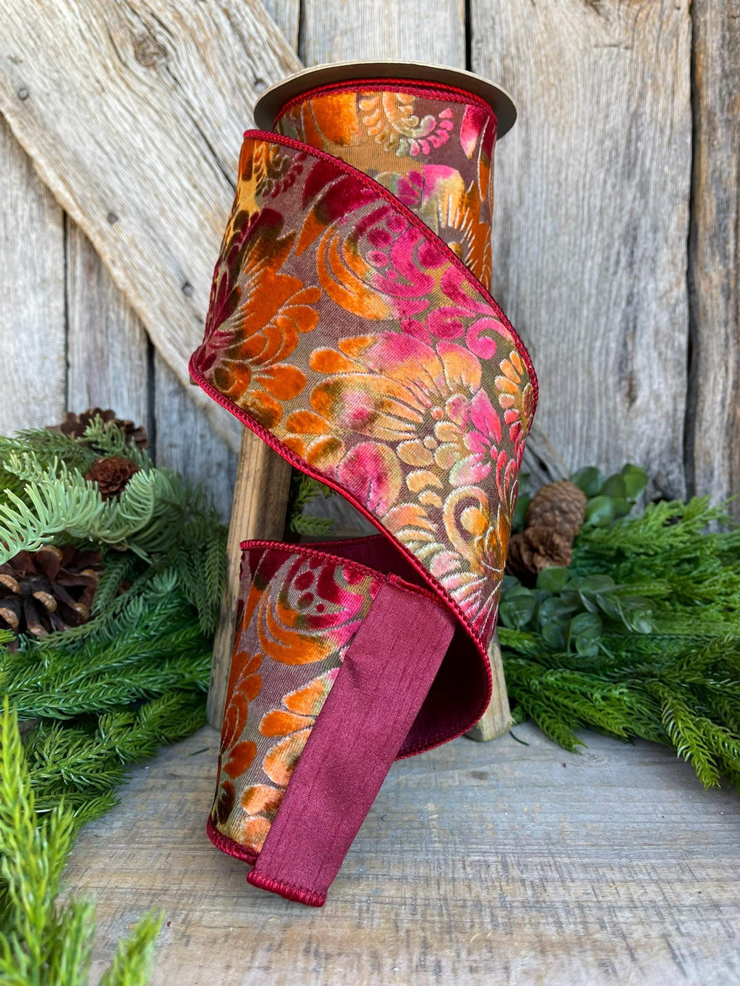4" Velvet Floral Ribbon, Burgundy Ribbon, Rust Colored