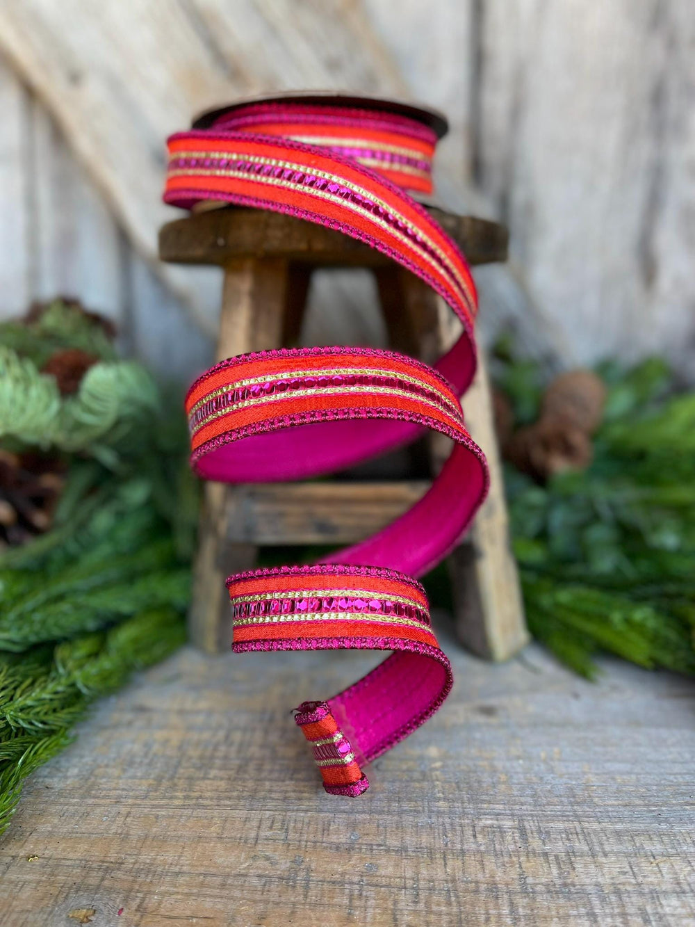 5/8" Orange Hot Pink Sequin Trim RIbbon, Wired RIbbon, Orange Ribbon