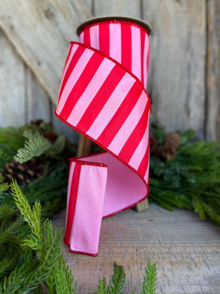 4" Red &amp; Pink Stripe Ribbon, Christmas Ribbon, Pinkmas Ribon
