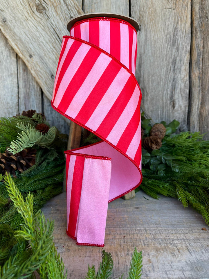4" Red &amp; Pink Stripe Ribbon, Christmas Ribbon, Pinkmas Ribon