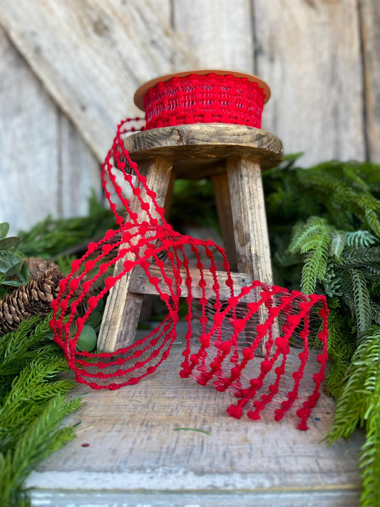1.5" Red Pom Pom Ribbon, Red Wired Ribbon