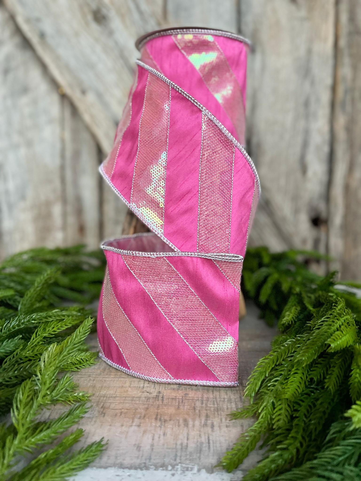 4" Hot Pink Diagonal Stripe Ribbon, Christmas Ribbon