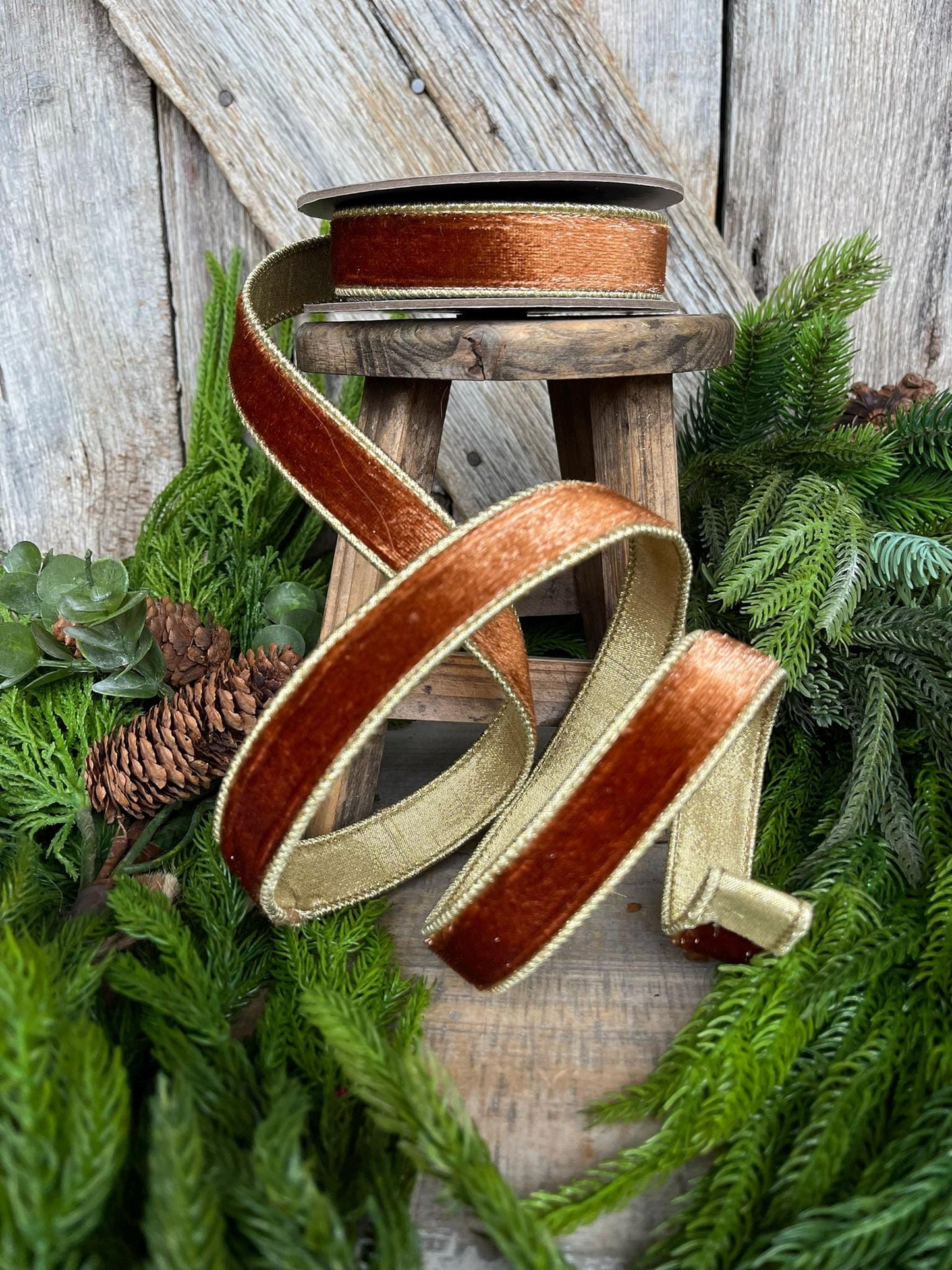 1” Bronze Wired Velvet Ribbon, 5 yards, Wired ribbon