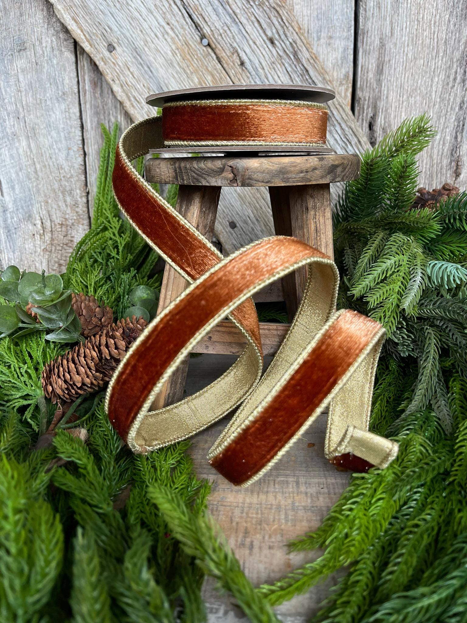 1” Bronze Wired Velvet Ribbon, 5 yards, Wired ribbon
