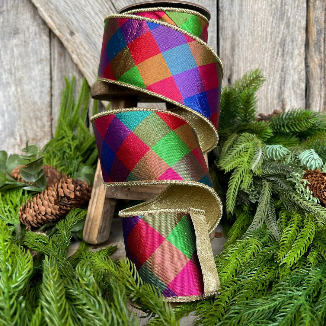 2.5" Color Checks Christmas RIbbon, Colorful Ribbon, Designer Ribbon