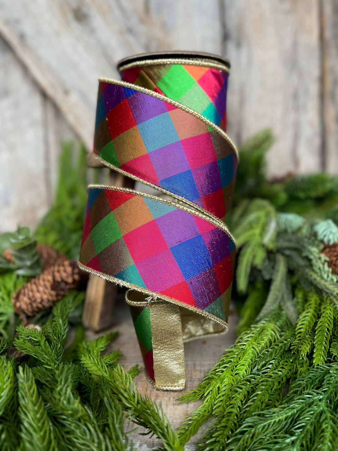 2.5" Color Checks Christmas RIbbon, Colorful Ribbon, Designer Ribbon