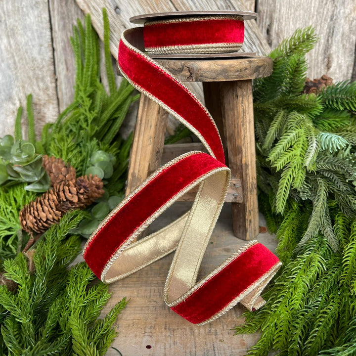 1" Red Plush Velvet RIbbon, Wired Ribbon