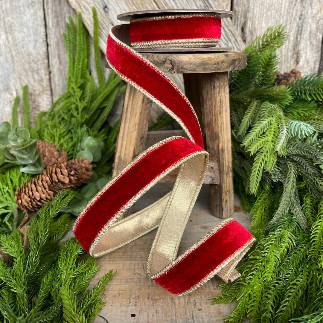 1" Red Plush Velvet RIbbon, Wired Ribbon