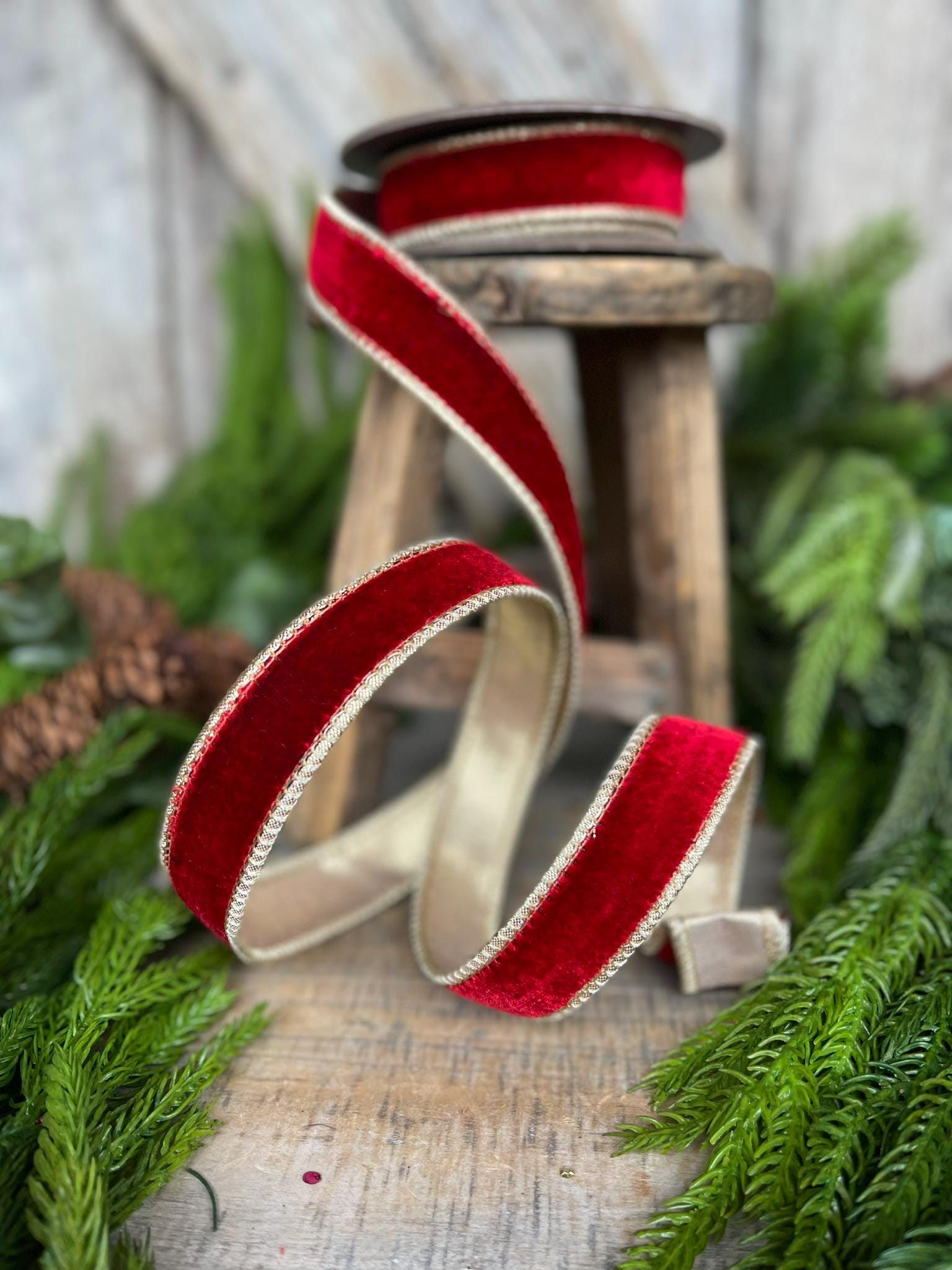 1" Red Plush Velvet RIbbon, Wired Ribbon, Red Velvet Ribbon