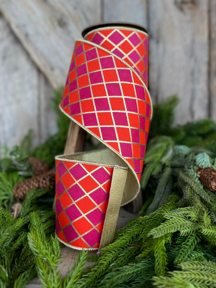 4" Orange Fuchsia Harlequin Ribbon, Diamond Ribbon, Orange Hot Pink Ribbon