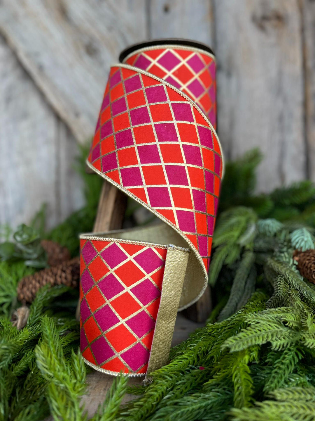 4" Orange Fuchsia Harlequin Ribbon, Diamond Ribbon, Orange Hot Pink Ribbon