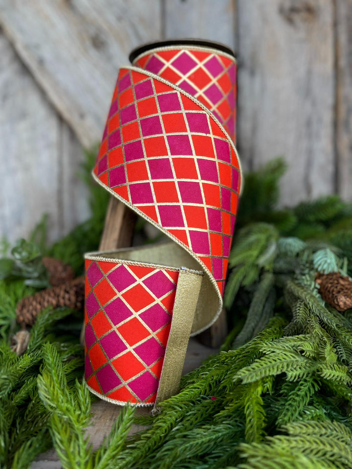 4" Orange Fuchsia Harlequin Ribbon, Diamond Ribbon, Orange Hot Pink Ribbon