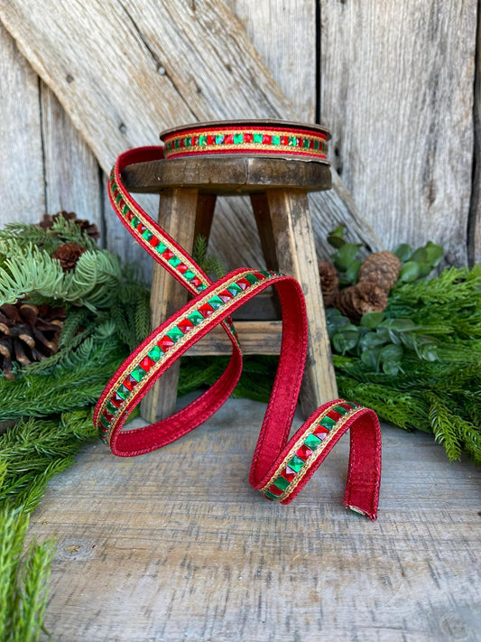 7/8" Red Green Gold Jeweled Ribbon, Jeweled Ribbon, Christmas Ribbon