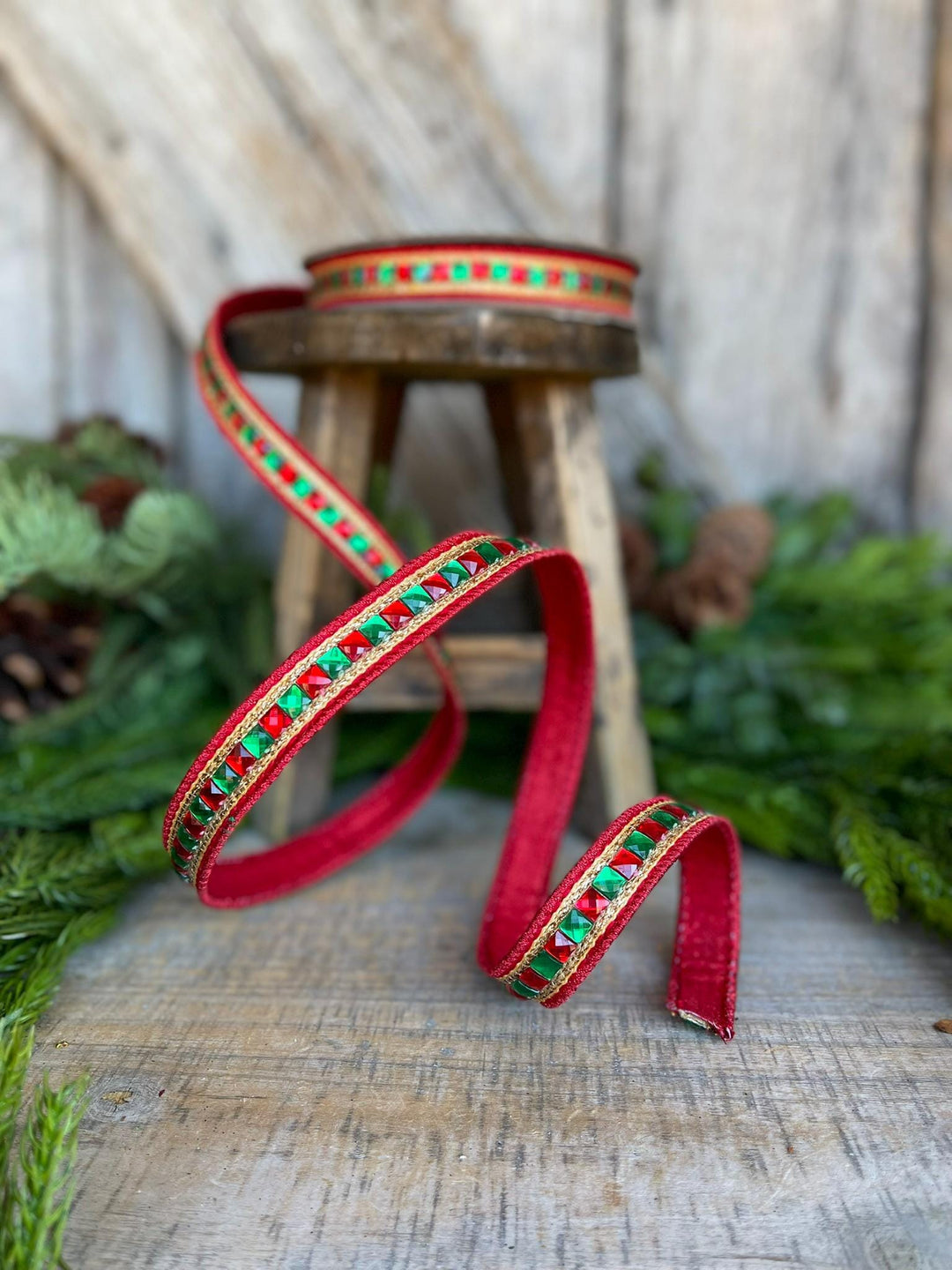7/8" Red Green Gold Jeweled Ribbon, Jeweled Ribbon, Christmas Ribbon