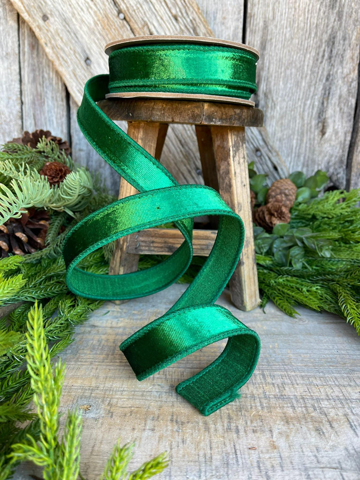 1" Green Velvet Ribbon, Emerald Green Velvet Ribbon, Christmas RIbbon