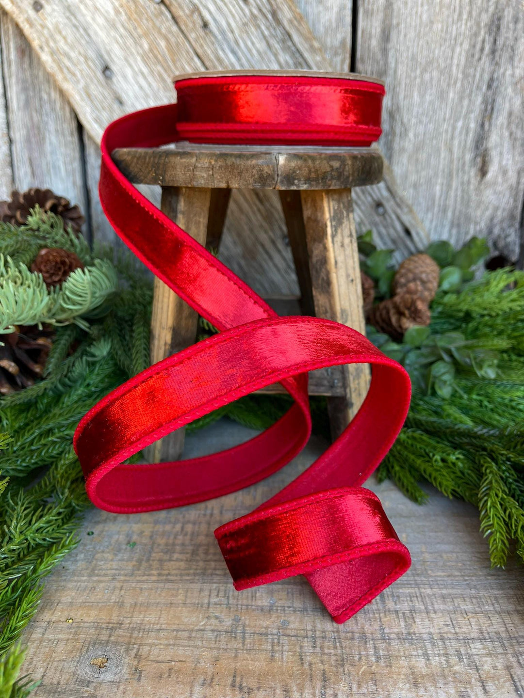 1" Red Velvet Ribbon, Red Wired Velvet Ribbon, Christmas RIbbon