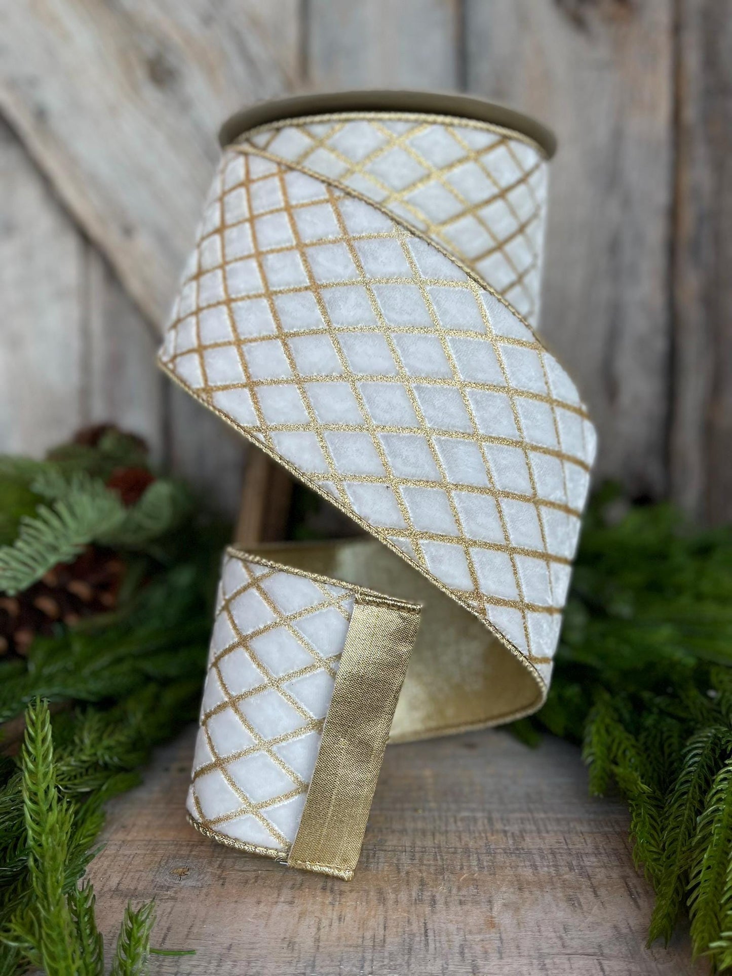 4" Ivory Velvet Metallic Diamonds Ribbon, Farrisilk Ribbon, Ivory and Gold Velvet