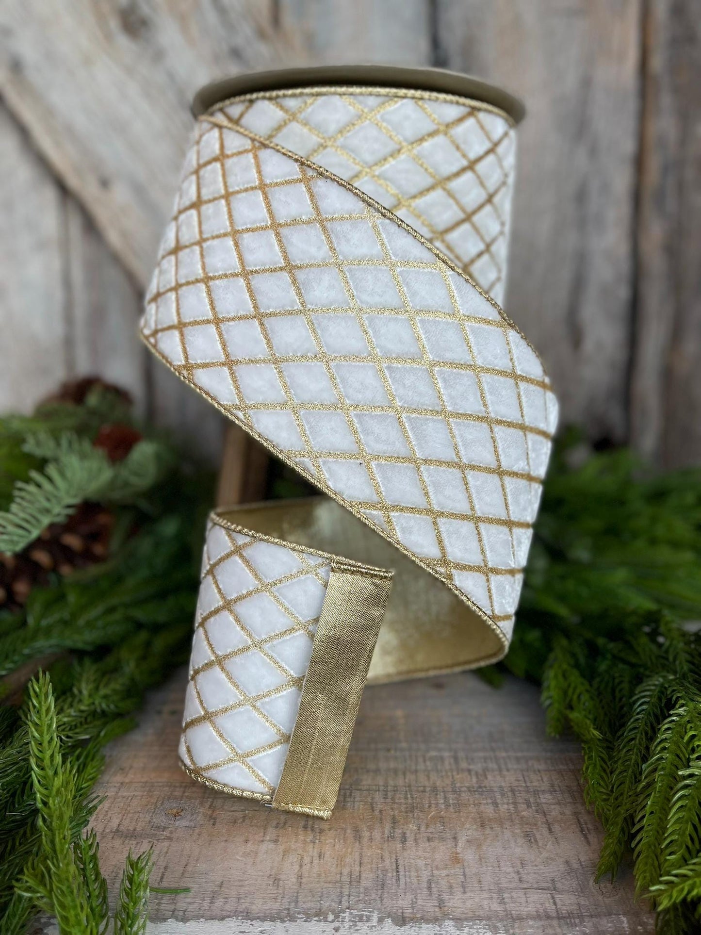 4" Ivory Velvet Metallic Diamonds Ribbon, Farrisilk Ribbon, Ivory and Gold Velvet