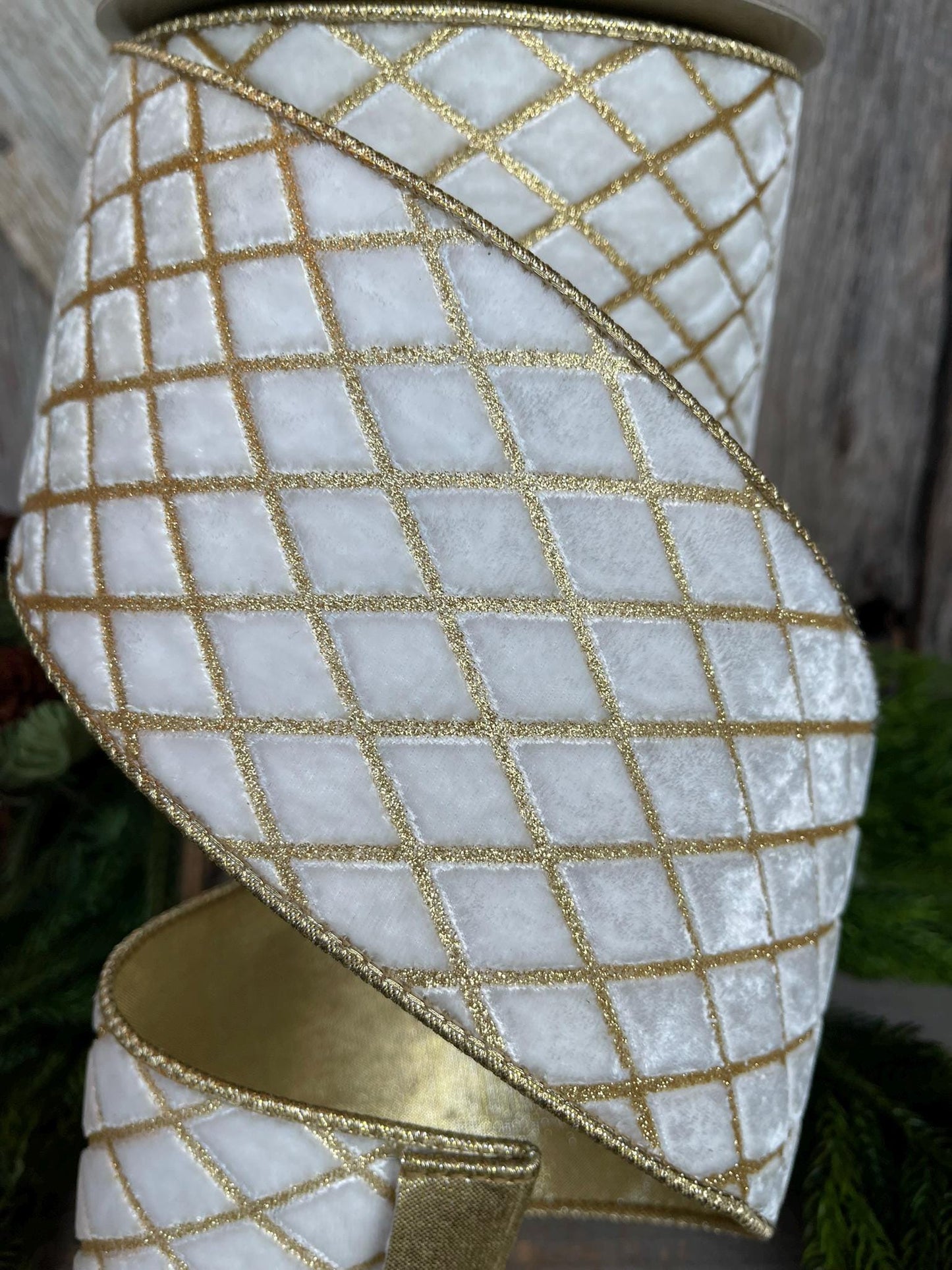 4" Ivory Velvet Metallic Diamonds Ribbon, Farrisilk Ribbon, Ivory and Gold Velvet