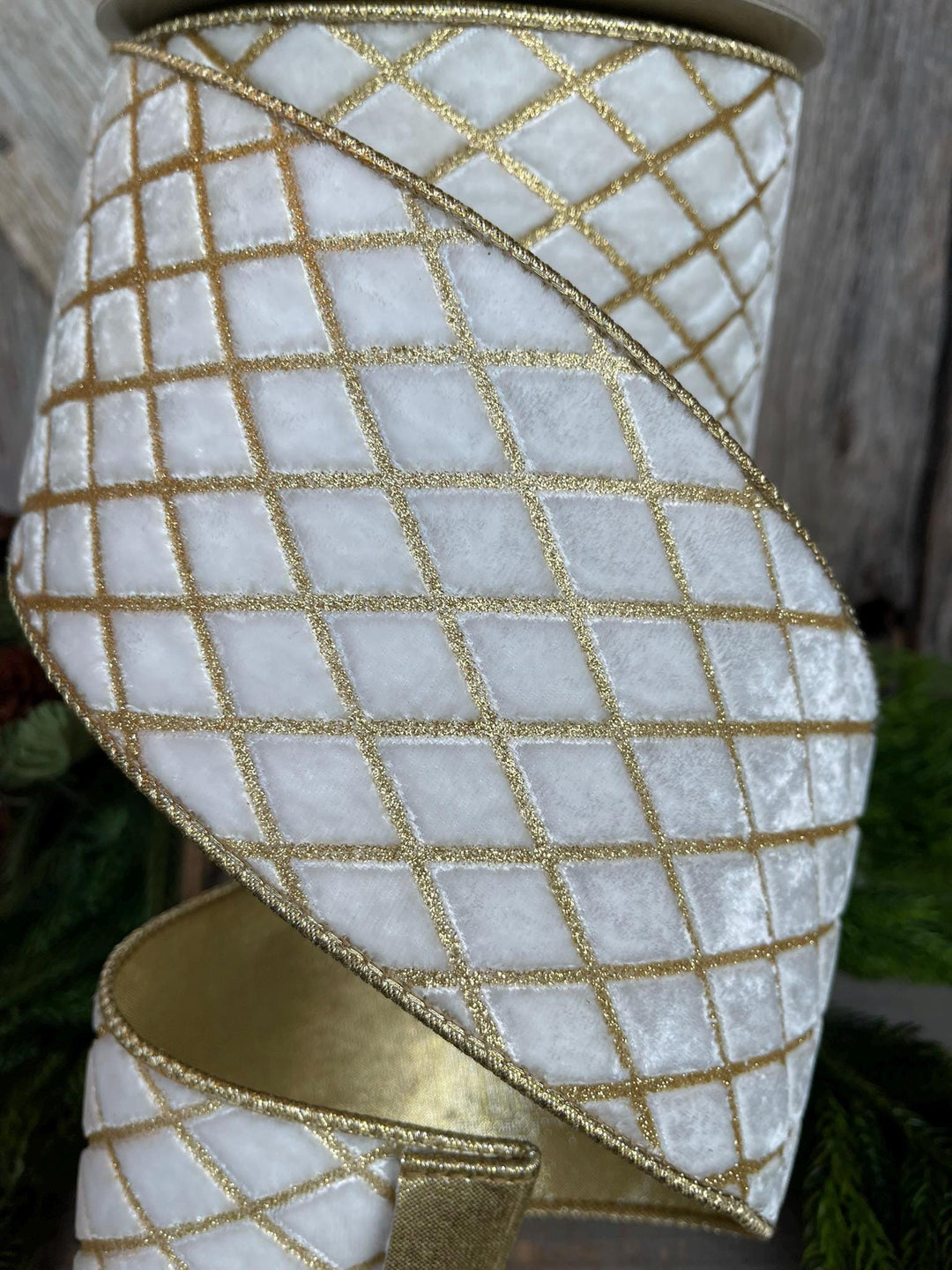 4" Ivory Velvet Metallic Diamonds Ribbon, Farrisilk Ribbon