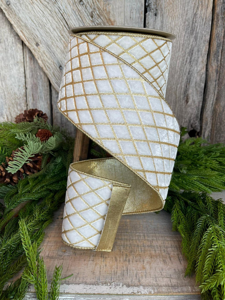 4" Ivory Velvet Metallic Diamonds Ribbon, Farrisilk Ribbon, Ivory and Gold Velvet
