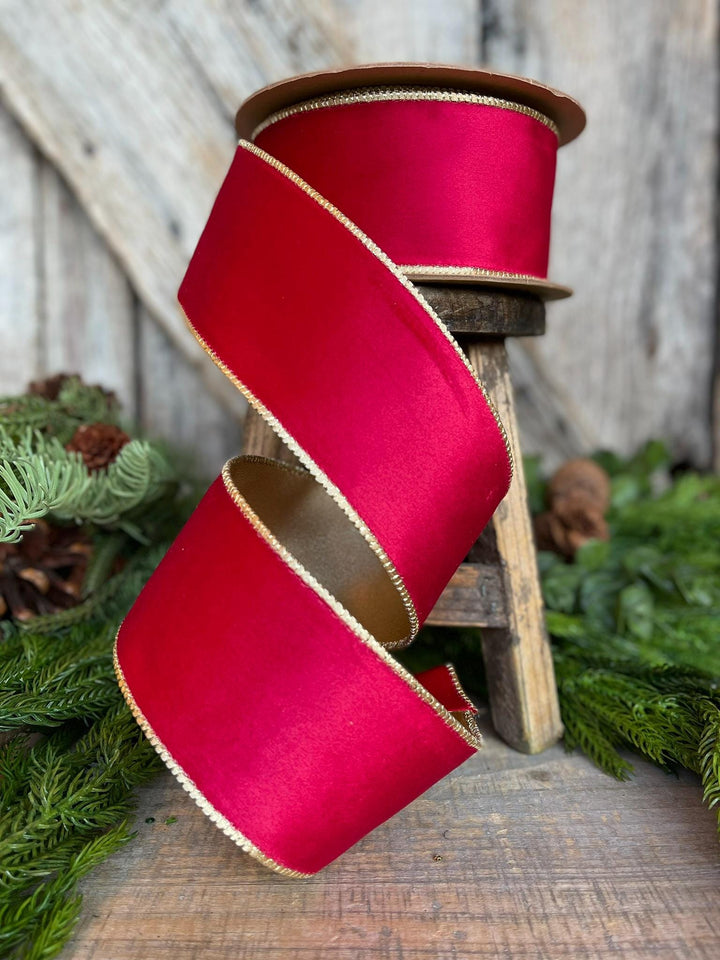 2.5" Red Gold Velvet Ribbon, Red Velvet Ribbon