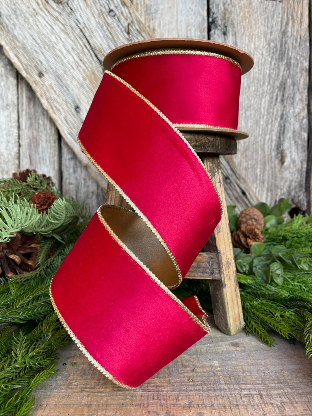 2.5" Red Gold Velvet Ribbon, Red Velvet Ribbon