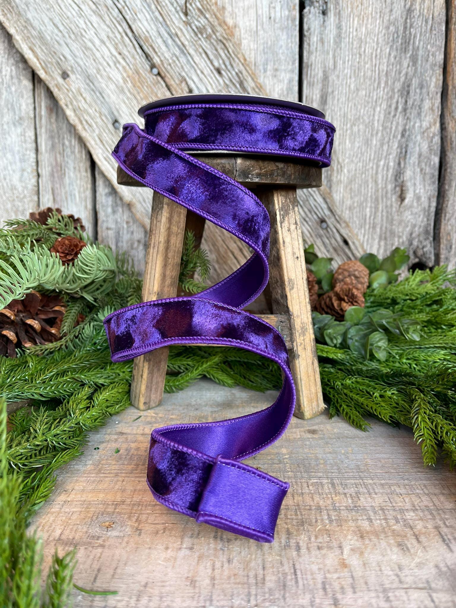 1" Purple Velvet Ribbon, Silken Velvet Ribbon, Farrisilk Wired Velvet Ribbon