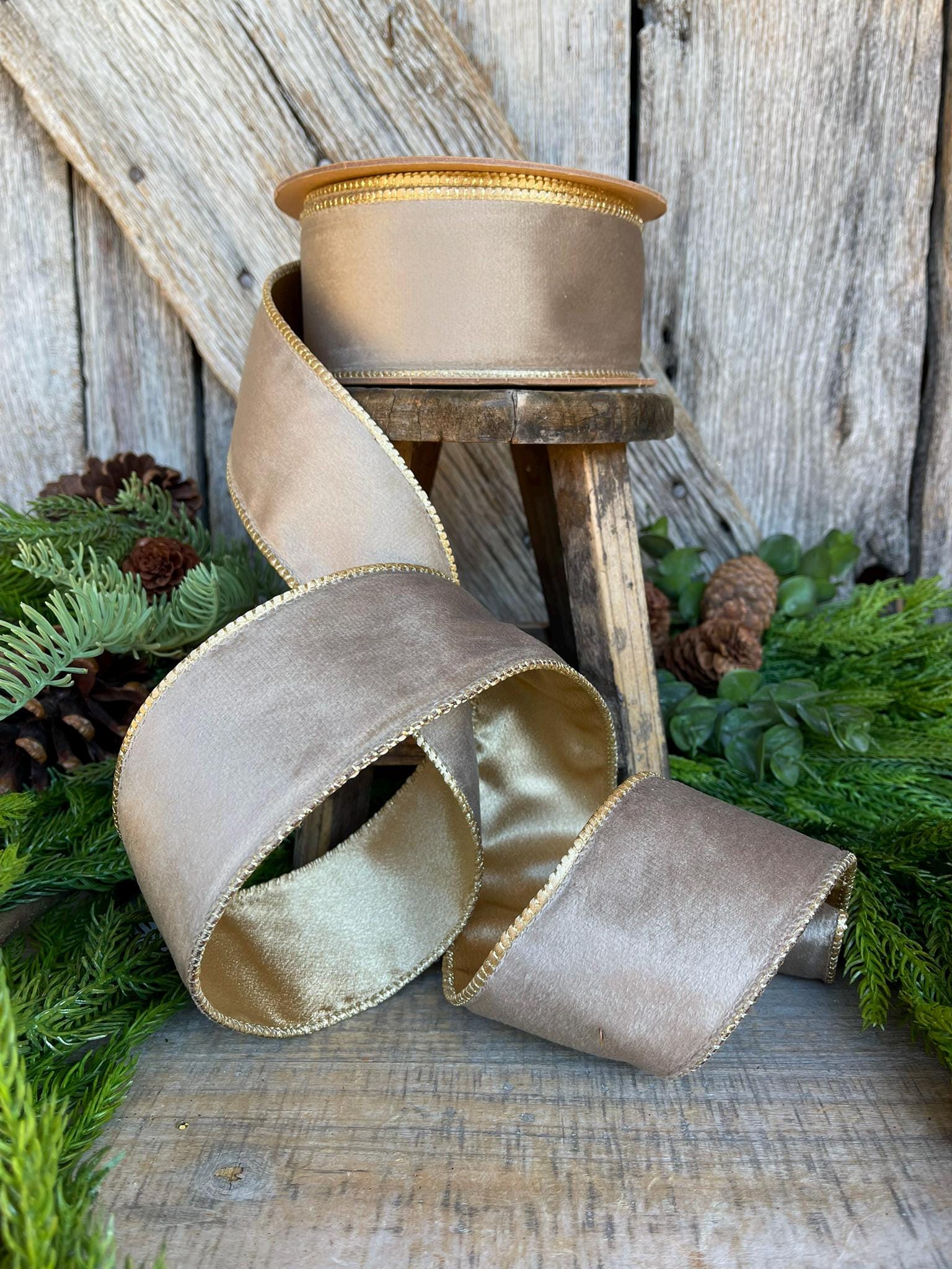 2.5" Mink Brown Velvet RIbbon, Wired Ribbon, Champagne Gold Velvet Ribbon