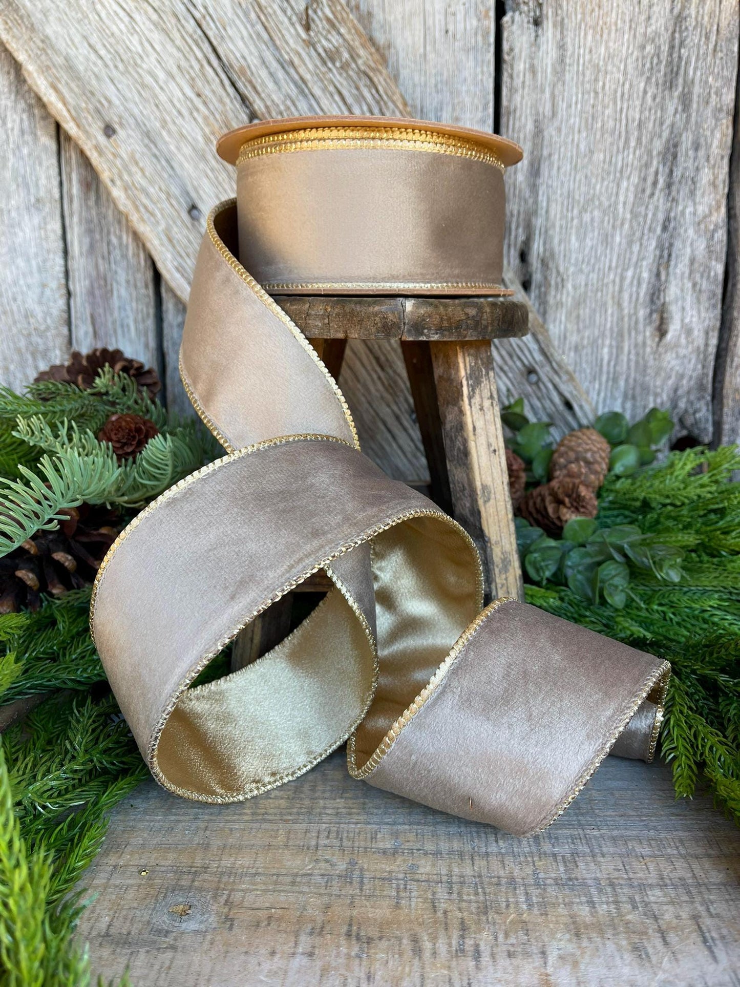 2.5" Mink Brown Velvet RIbbon, Wired Ribbon, Champagne Gold Velvet Ribbon