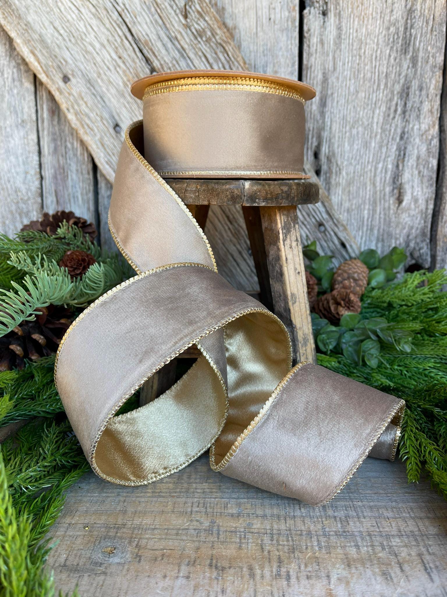 2.5" Mink Brown Velvet RIbbon, Wired Ribbon, Champagne Gold Velvet Ribbon