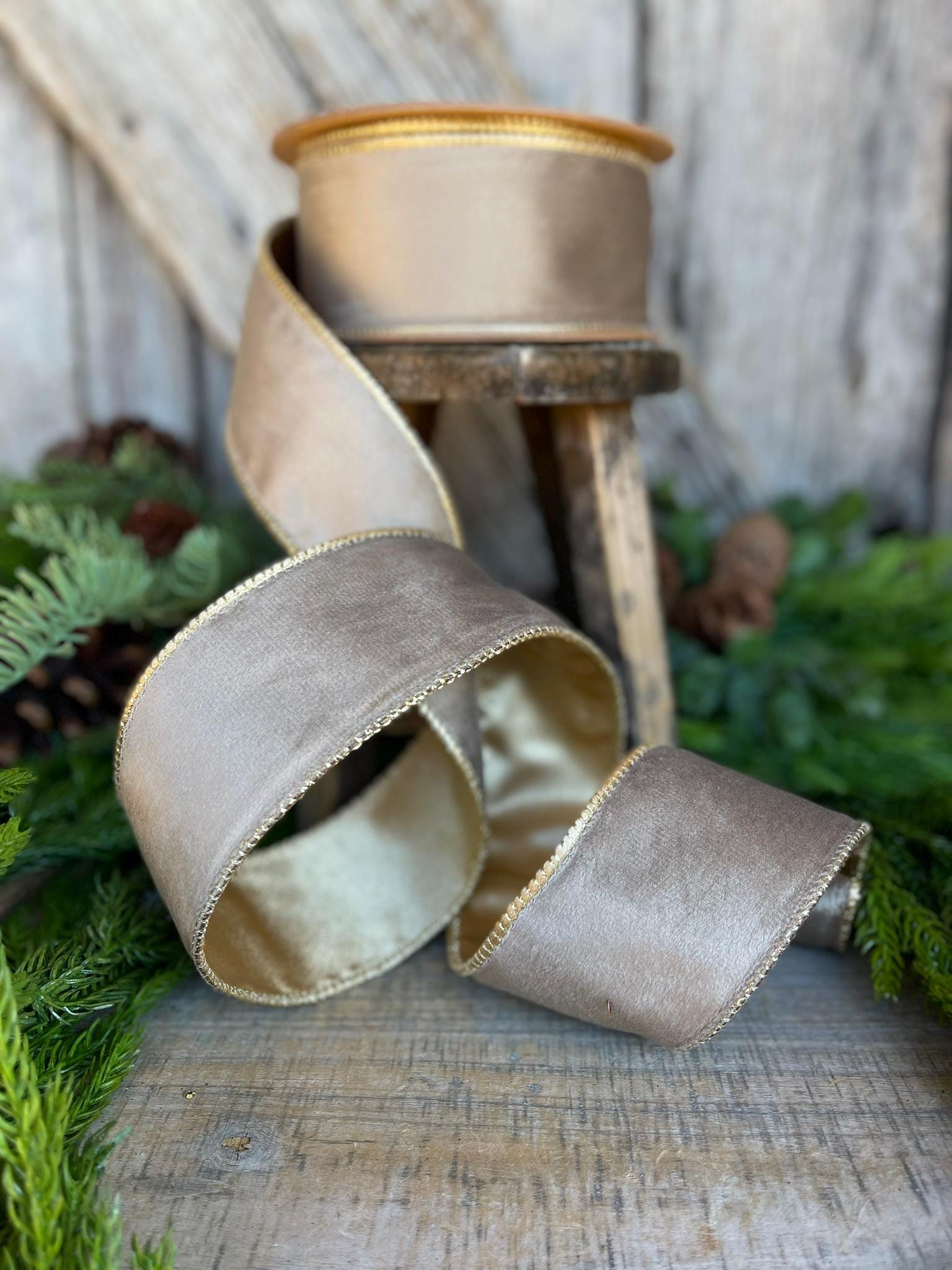 2.5" Mink Brown Velvet RIbbon, Wired Ribbon, Champagne Gold Velvet Ribbon