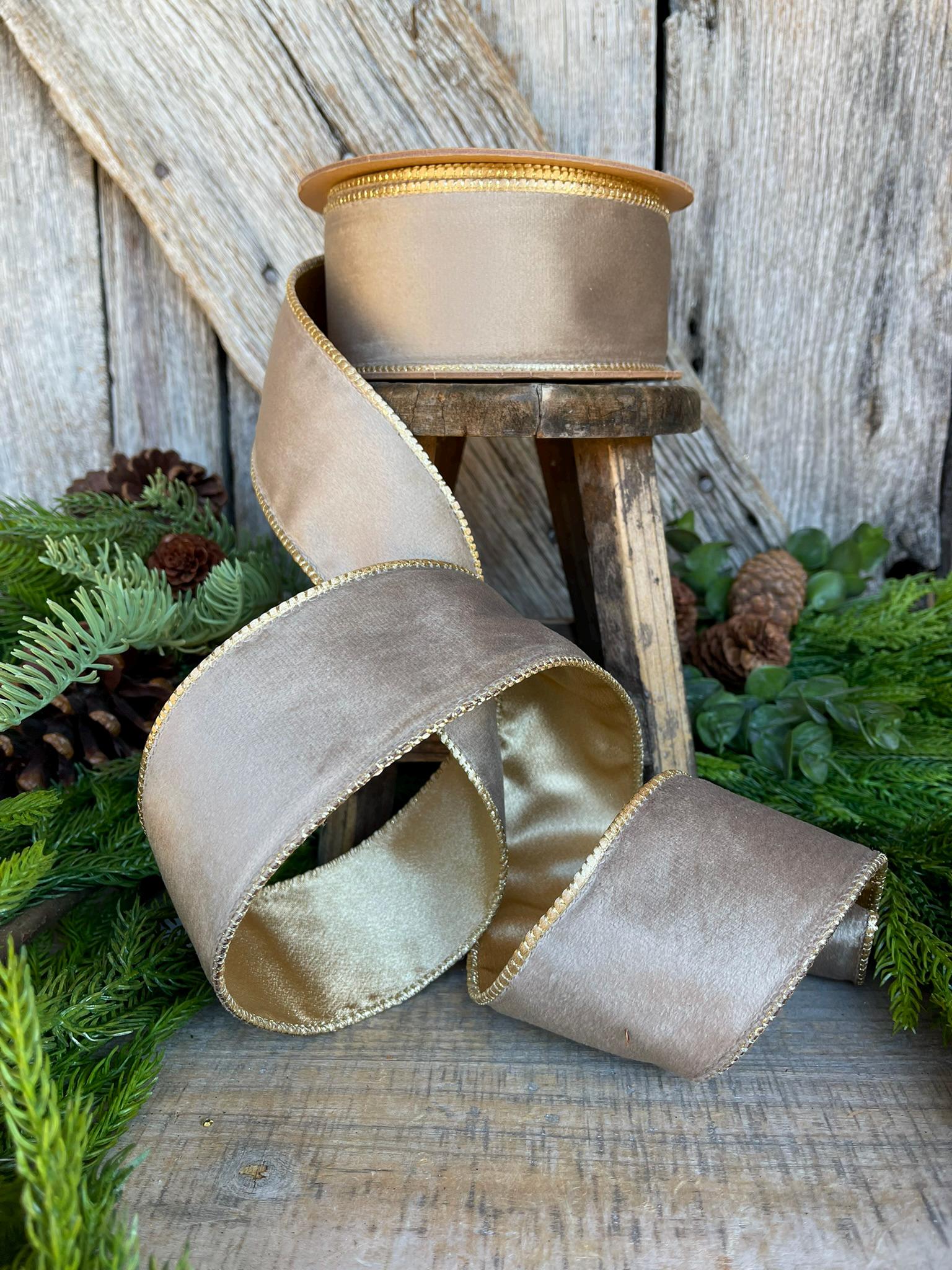 2.5" Mink Brown Velvet RIbbon, Wired Ribbon, Champagne Gold Velvet Ribbon
