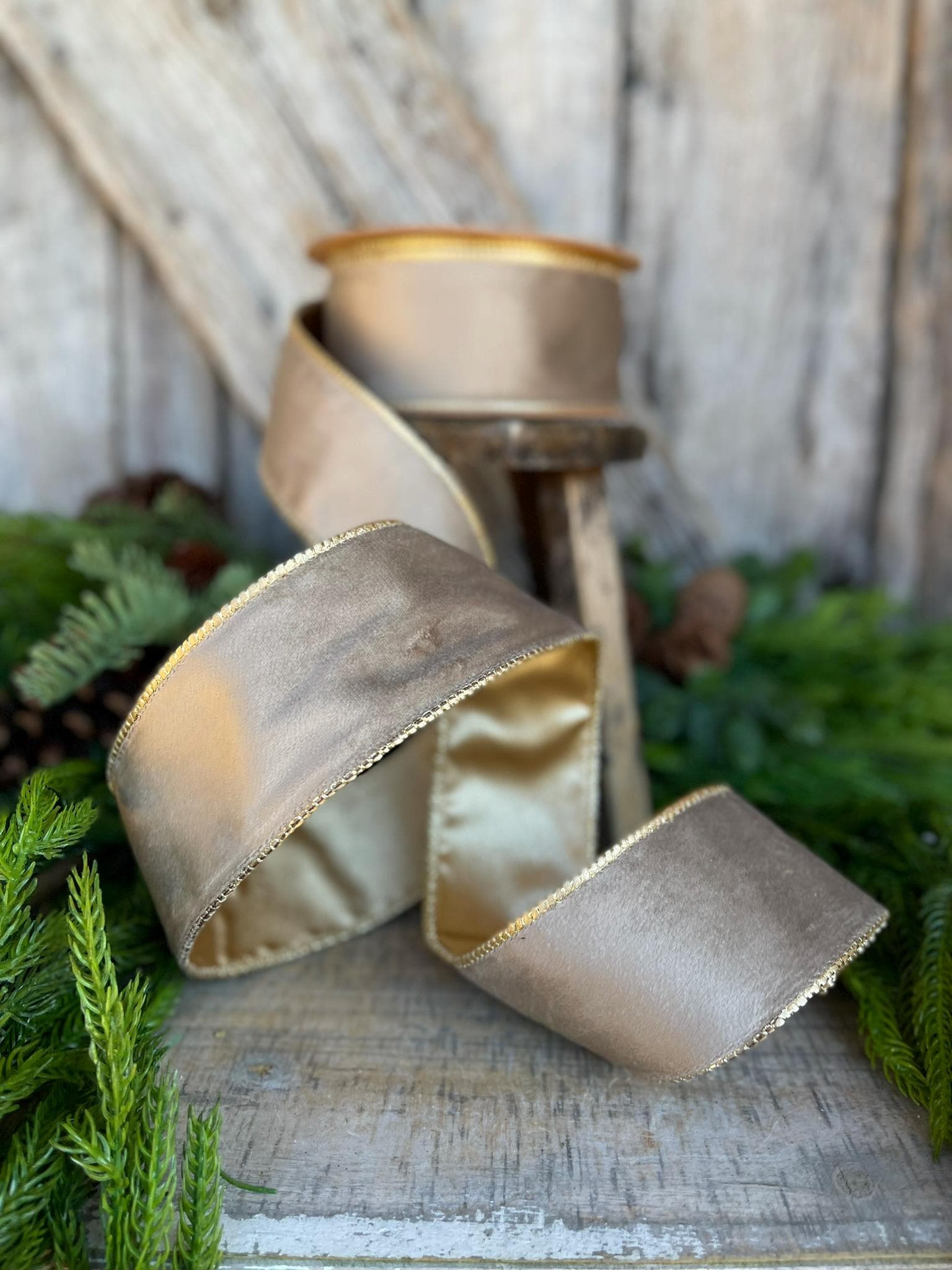 2.5" Mink Brown Velvet RIbbon, Wired Ribbon, Champagne Gold Velvet Ribbon