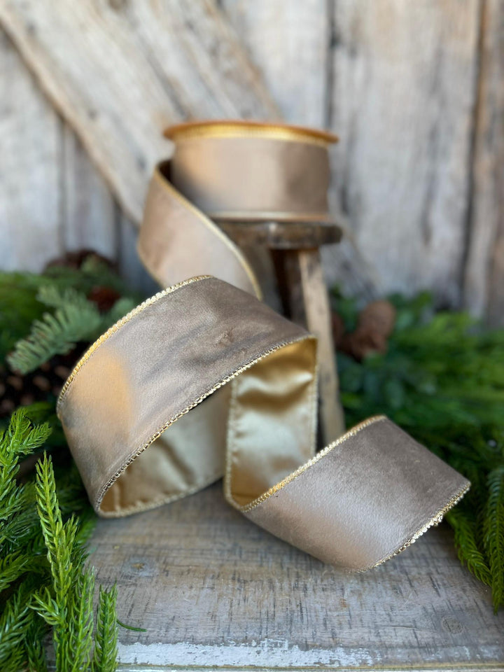 2.5" Mink Brown Velvet RIbbon, Wired Ribbon, Champagne Gold Velvet Ribbon