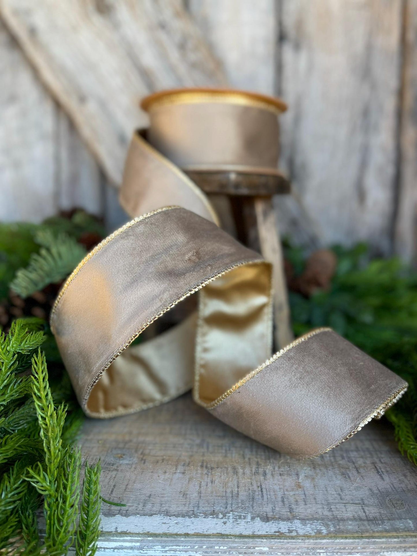 2.5" Mink Brown Velvet RIbbon, Wired Ribbon, Champagne Gold Velvet Ribbon