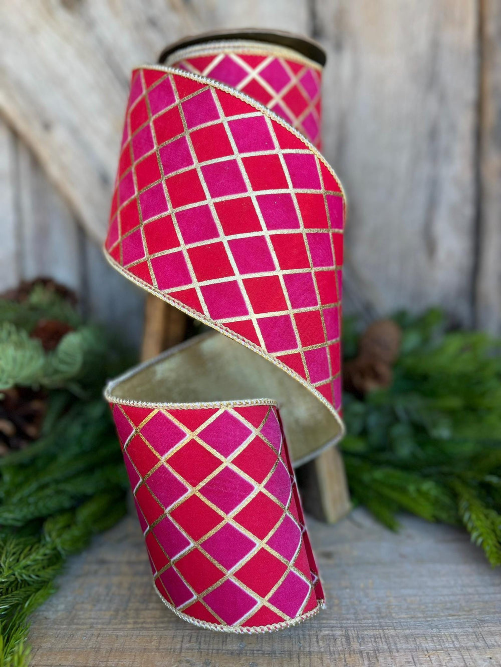 4" Red Pink Harlequin Ribbon, Diamond Ribbon, Red Hot Pink Ribbon