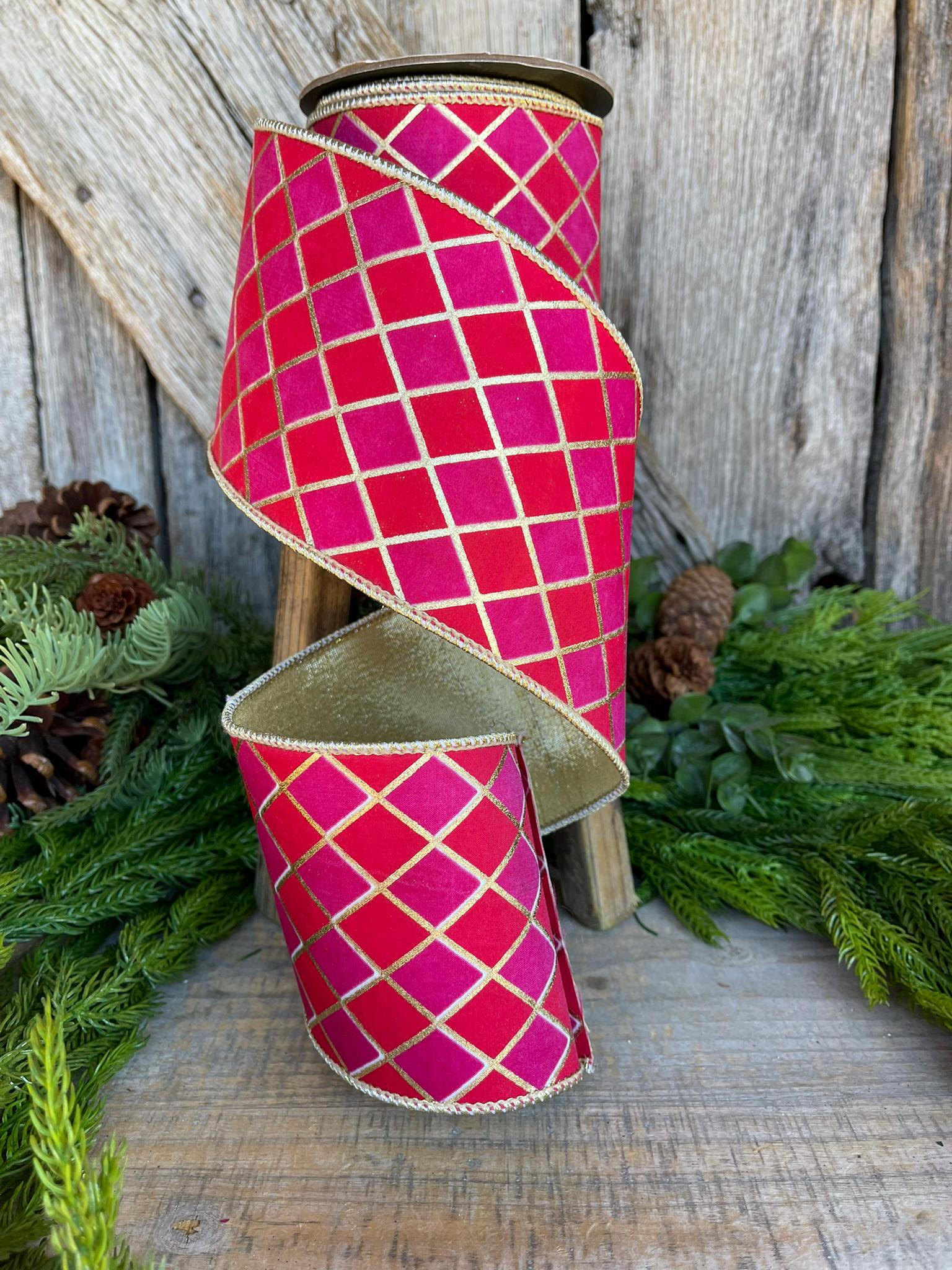 4" Red Pink Harlequin Ribbon, Diamond Ribbon, Red Hot Pink Ribbon