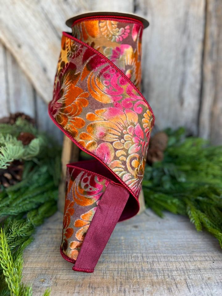 4" Velvet Floral Ribbon, Burgundy Ribbon, Rust Colored