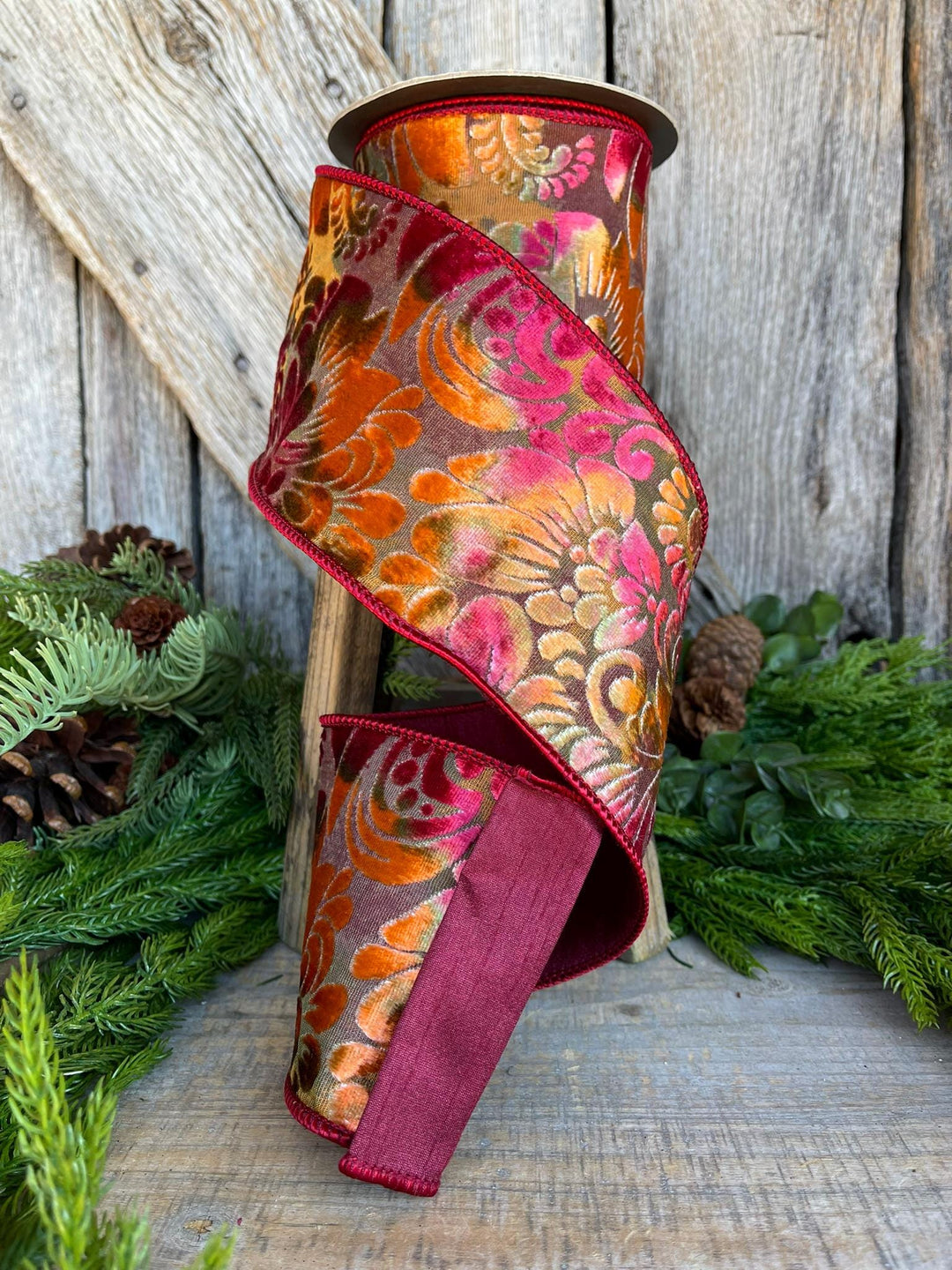 4" Velvet Floral Ribbon, Burgundy Ribbon, Rust Colored