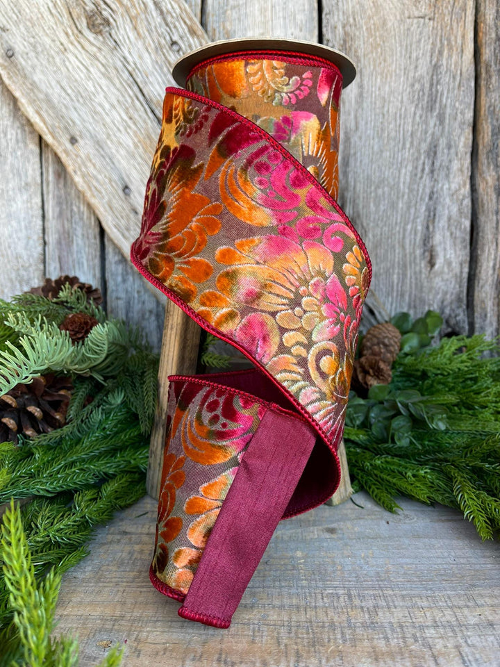 4" Velvet Floral Ribbon, Burgundy Ribbon, Rust Colored