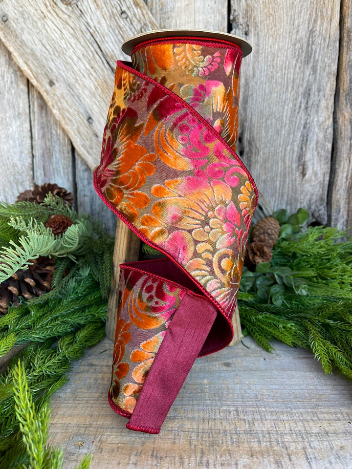 4" Velvet Floral Ribbon, Burgundy Ribbon, Rust Colored