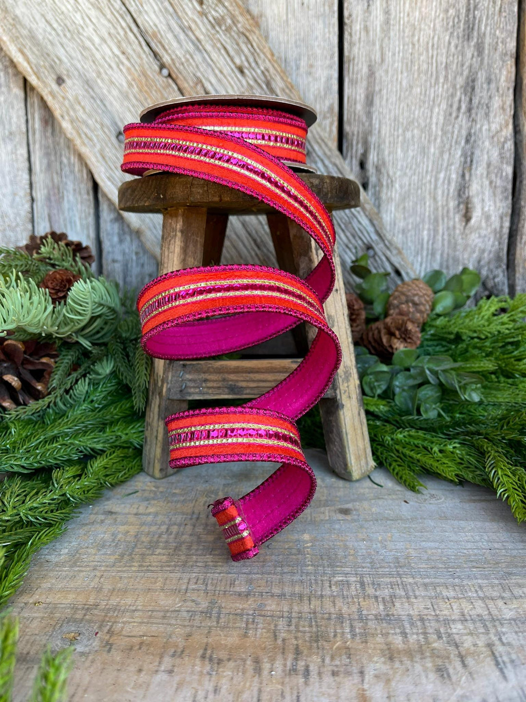 5/8" Orange Hot Pink Sequin Trim RIbbon, Wired RIbbon