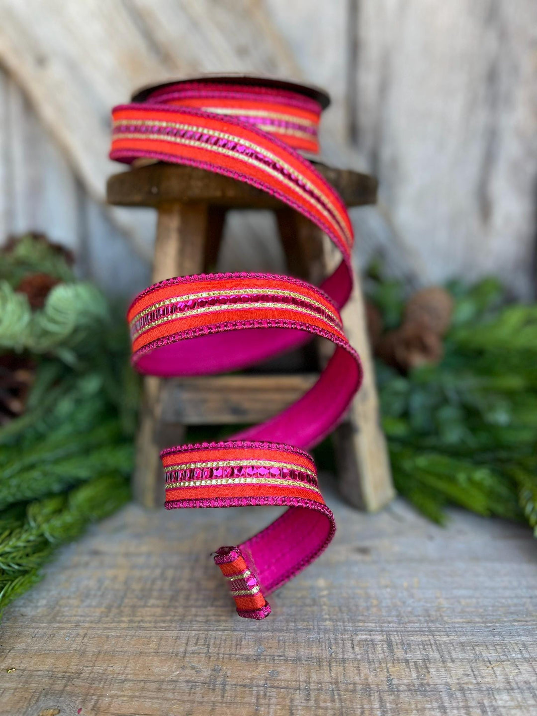 5/8" Orange Hot Pink Sequin Trim RIbbon, Wired RIbbon, Orange Ribbon
